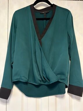 BCBGMaxAzria Teal Wrap-Front Blouse with Black Trim